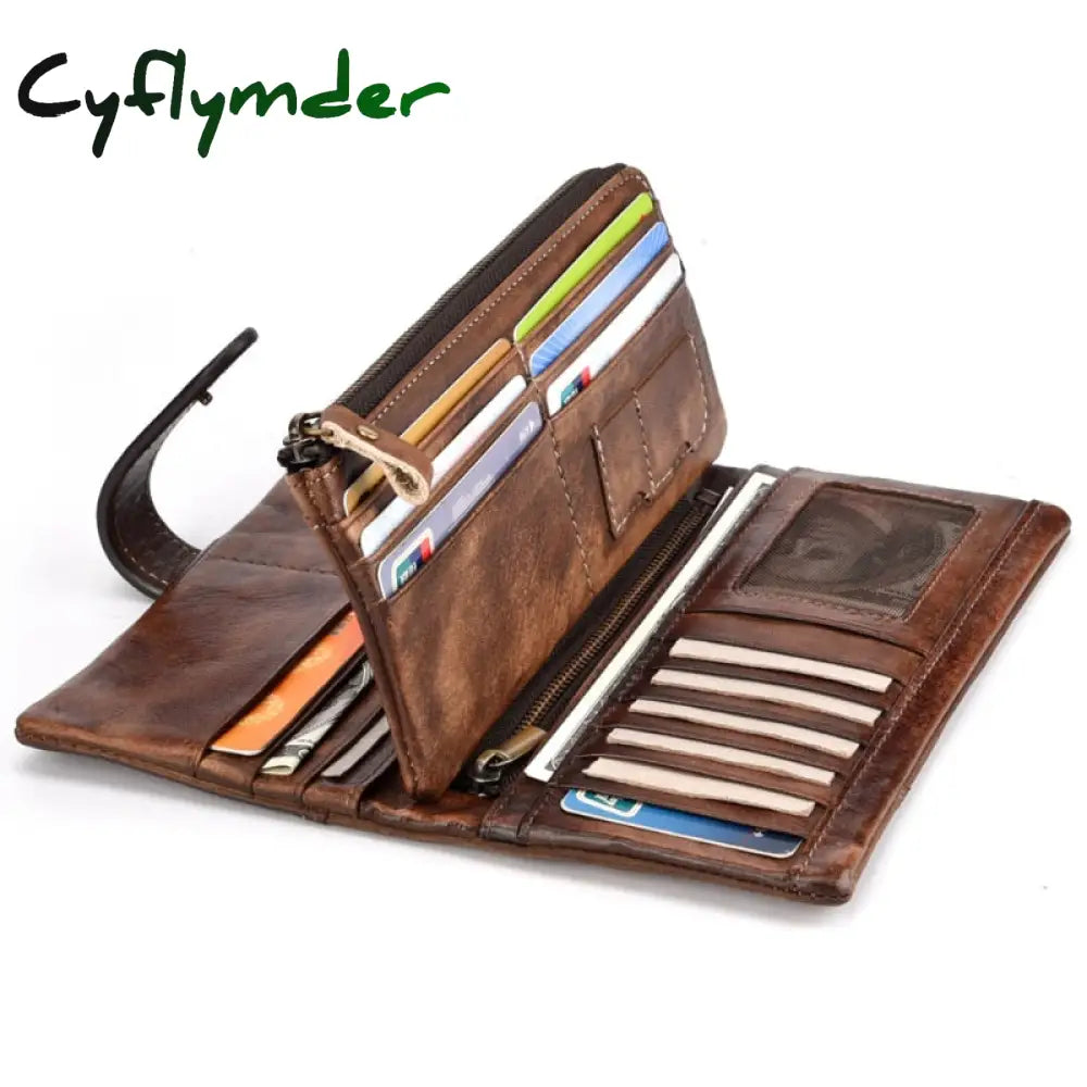 Cyflymder Vintage Fashion Wax Oil Skin Long Purse Genuine Leather Notecase For Ladies Girls 2 Folds