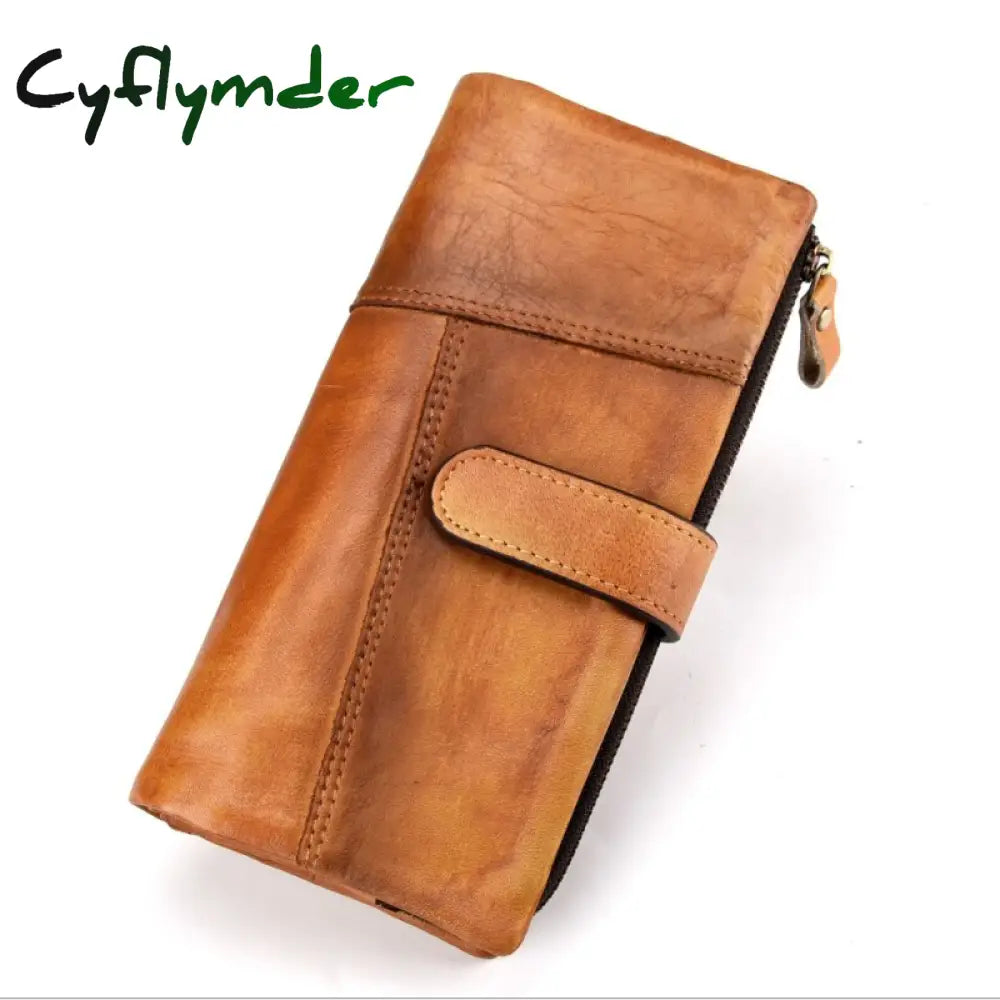 Cyflymder Vintage Fashion Wax Oil Skin Long Purse Genuine Leather Notecase For Ladies Girls 2 Folds