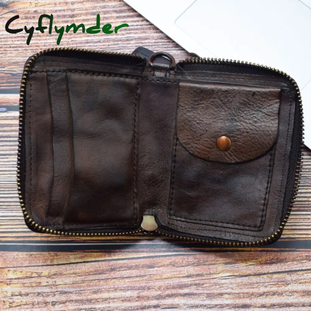 Cyflymder Vintage Genuine Leather Men’s Zipper Wallet Short Coin Purse Multi Function Card