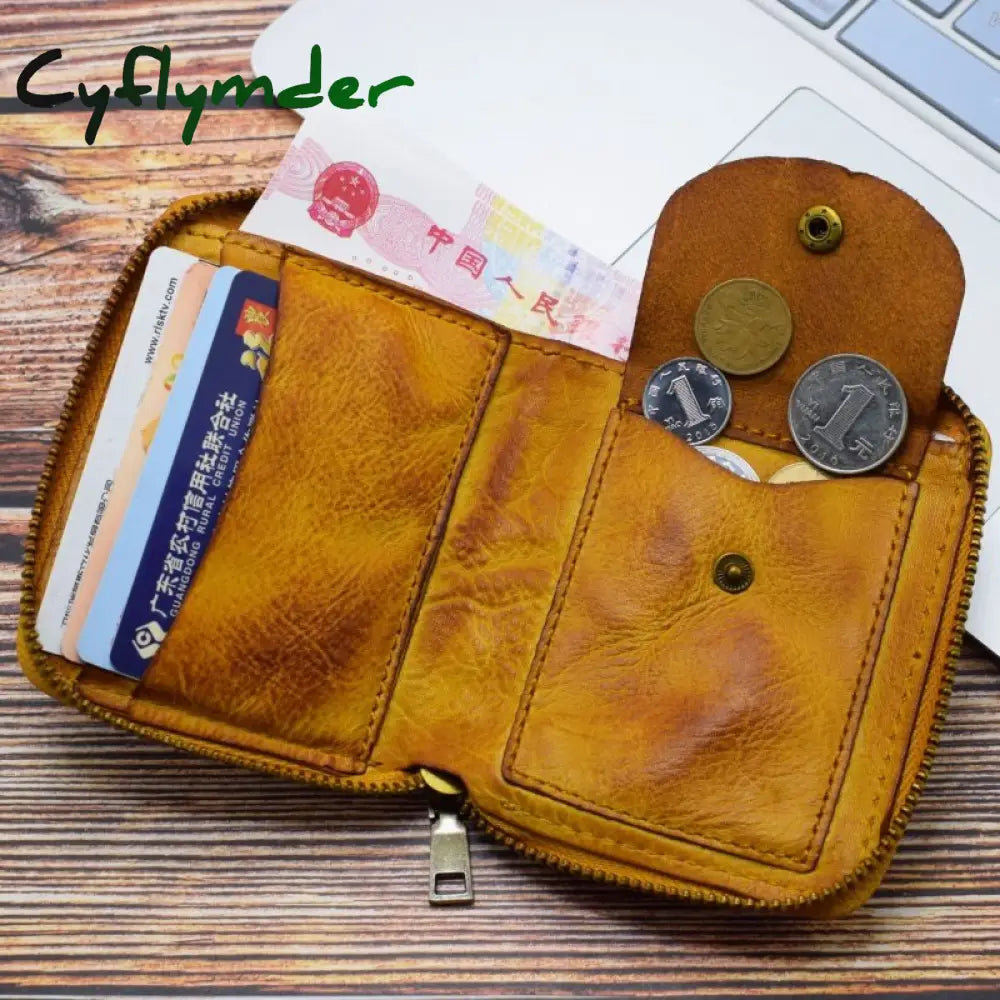 Cyflymder Vintage Genuine Leather Men’s Zipper Wallet Short Coin Purse Multi Function Card