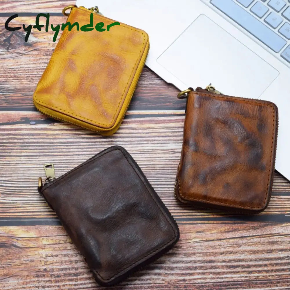 Cyflymder Vintage Genuine Leather Men’s Zipper Wallet Short Coin Purse Multi Function Card