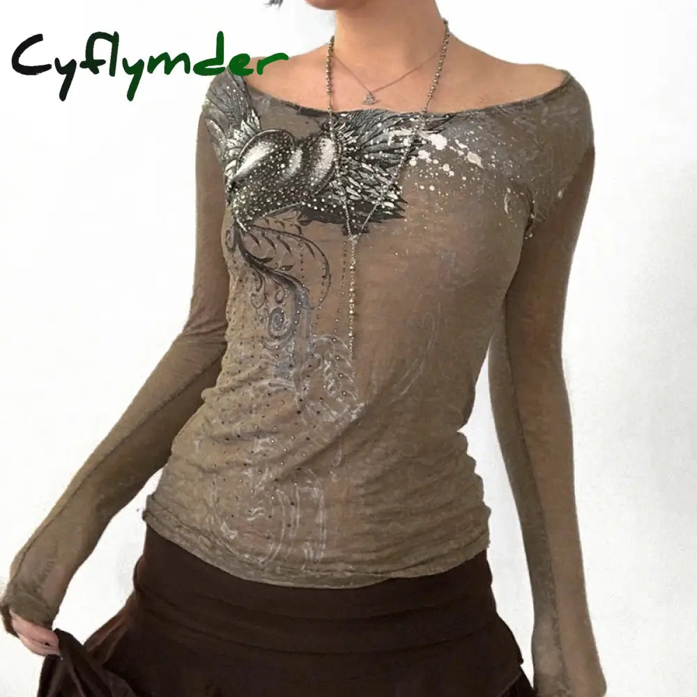 Cyflymder Vintage Grunge Brown Y2K Fairy Graphic Print T Shirts Women Autumn Long Sleeve Fashion