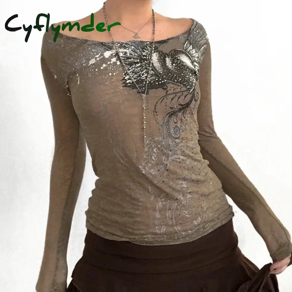 Cyflymder Vintage Grunge Brown Y2K Fairy Graphic Print T Shirts Women Autumn Long Sleeve Fashion