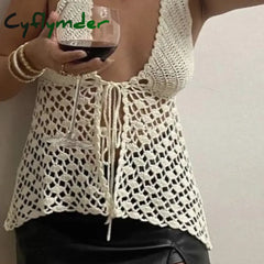 Cyflymder Vintage Knitted Front Tie Up Tank Vest Beach Crochet Hollow Out Halter Tops Women Sexy