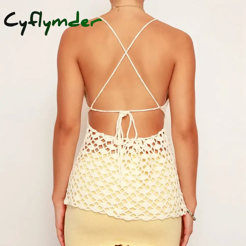 Cyflymder Vintage Knitted Front Tie Up Tank Vest Beach Crochet Hollow Out Halter Tops Women Sexy