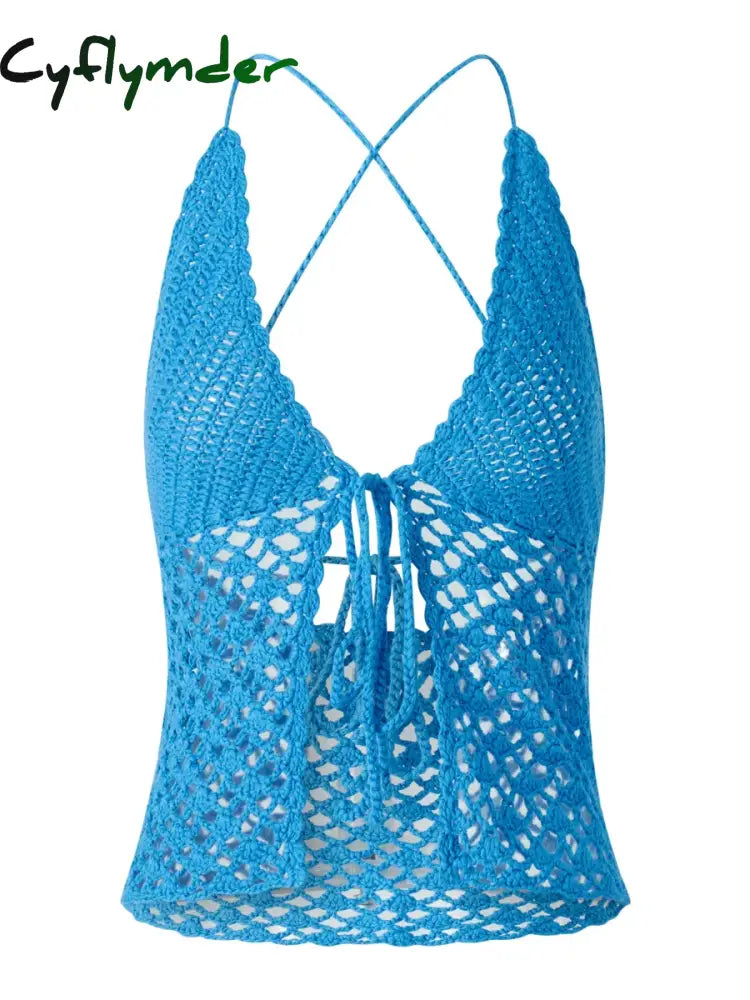 Cyflymder Vintage Knitted Front Tie Up Tank Vest Beach Crochet Hollow Out Halter Tops Women Sexy