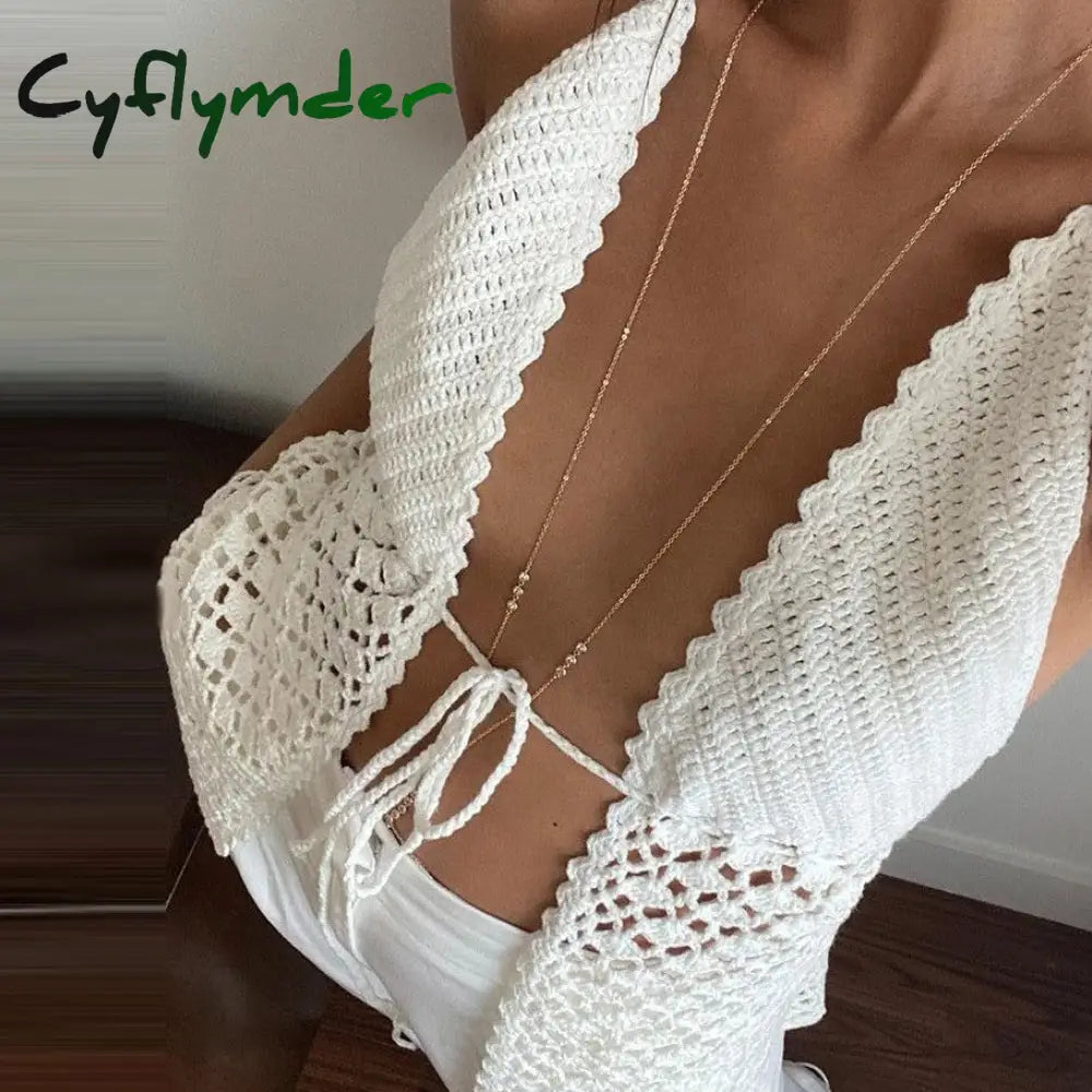 Cyflymder Vintage Knitted Front Tie Up Tank Vest Beach Crochet Hollow Out Halter Tops Women Sexy