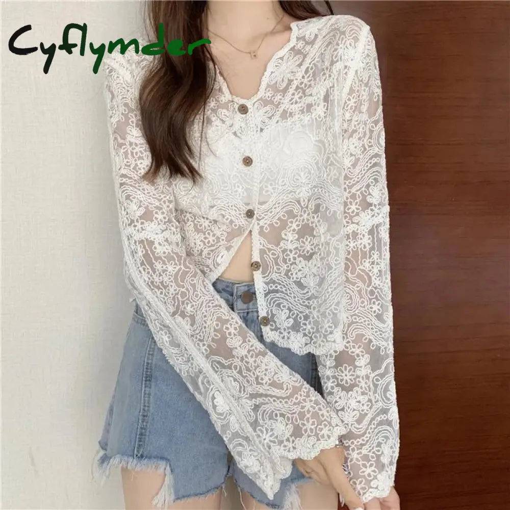 Cyflymder Vintage Lace Blouse Women Sheer Long Sleeve Sunscreen Shirt Cardigan Vacation Korean