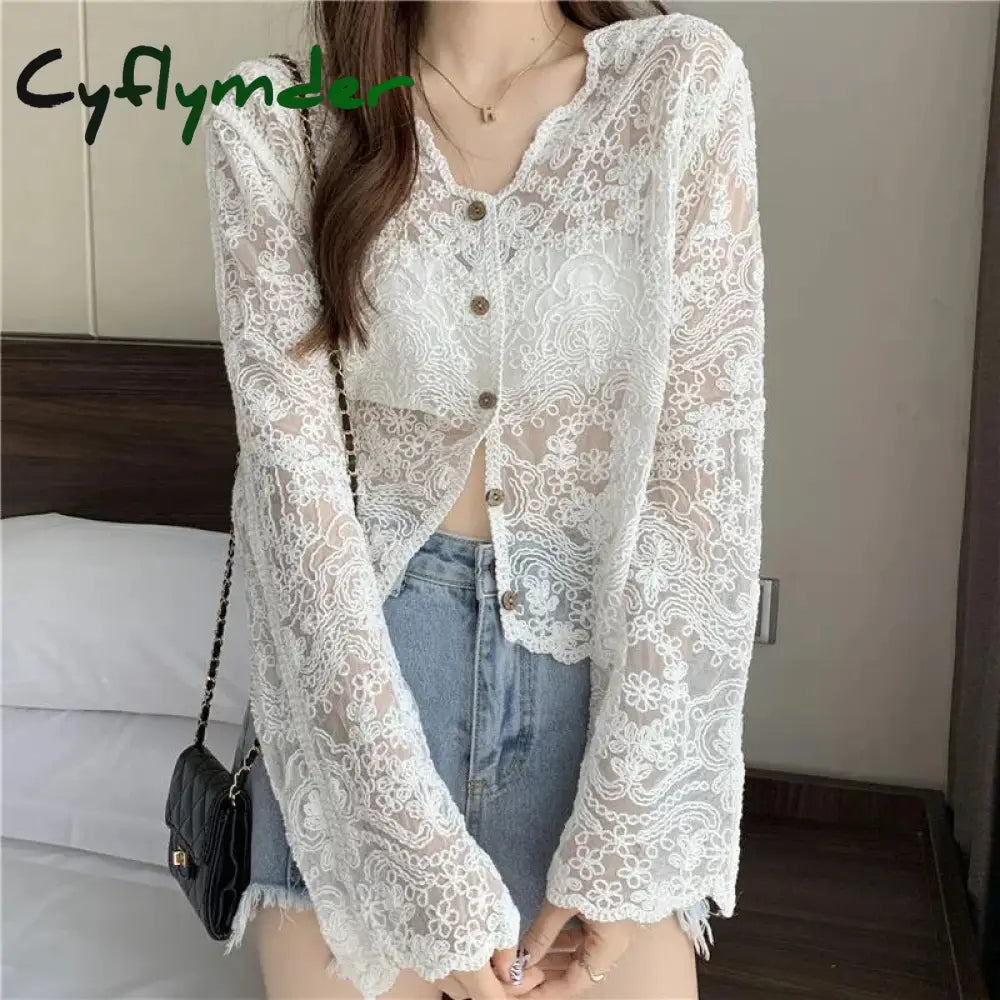 Cyflymder Vintage Lace Blouse Women Sheer Long Sleeve Sunscreen Shirt Cardigan Vacation Korean