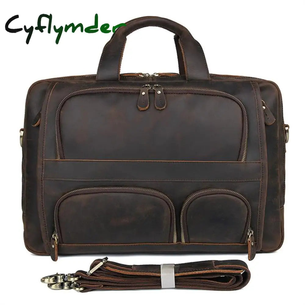 Cyflymder Vintage Leather Mens Briefcase With Pockets Cowhide Bag On Business Suitcase Crazy Horse