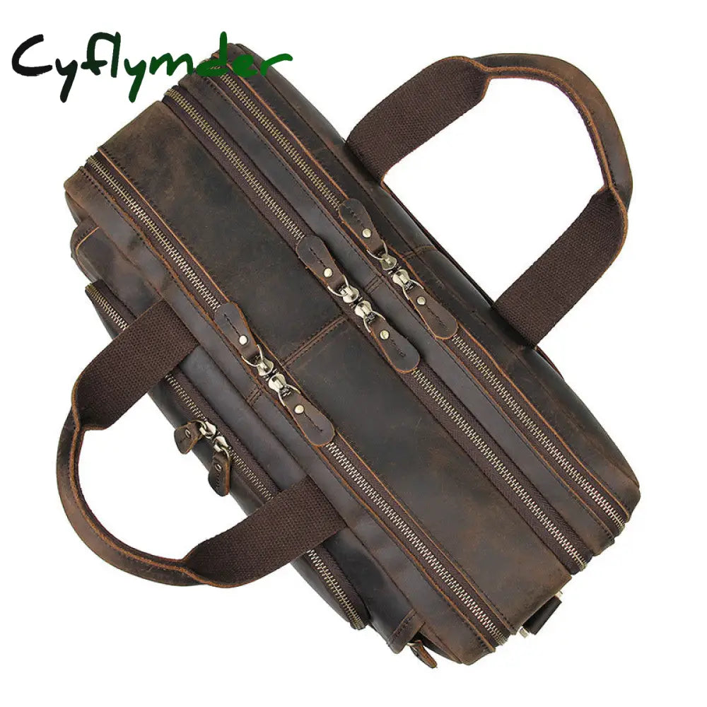 Cyflymder Vintage Leather Mens Briefcase With Pockets Cowhide Bag On Business Suitcase Crazy Horse