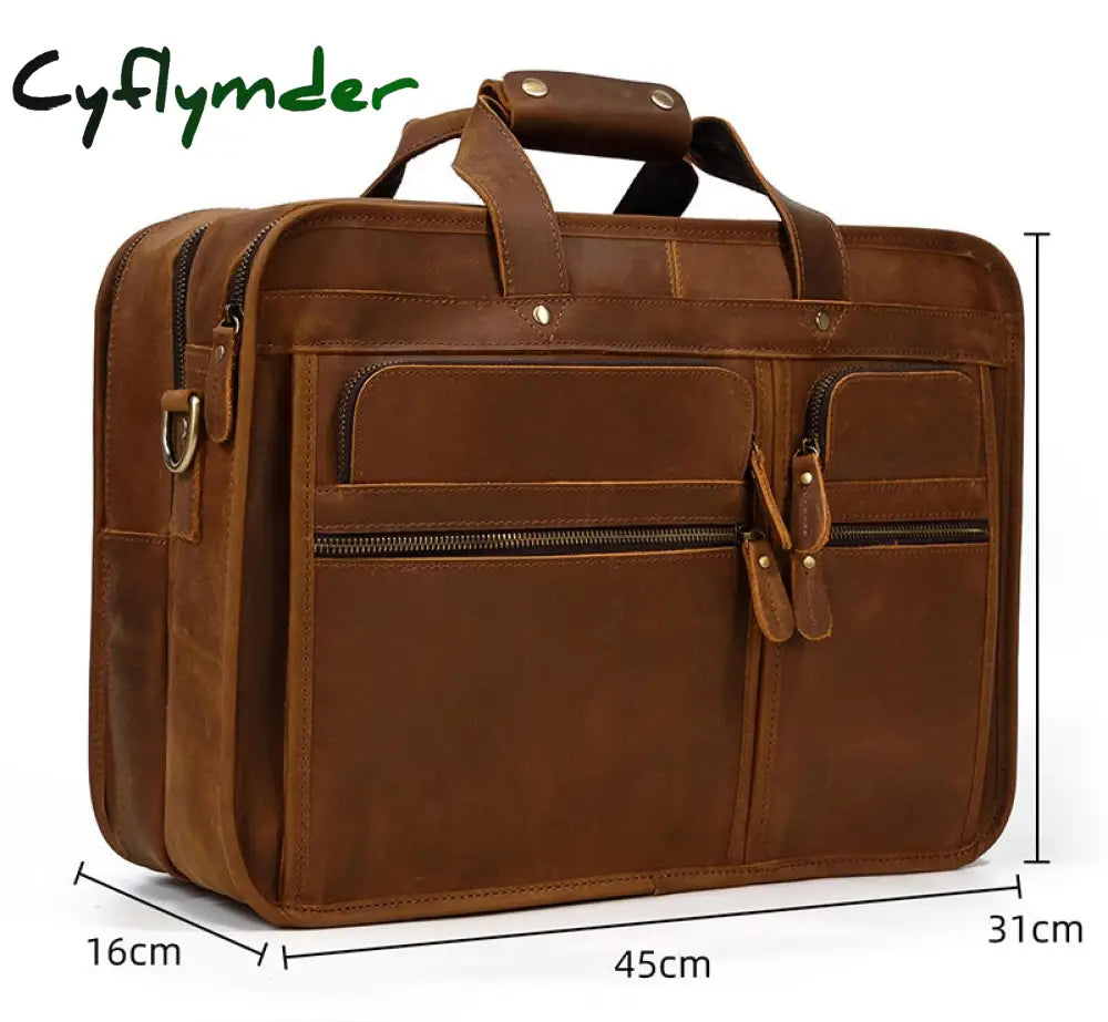 Cyflymder Vintage Leather Mens Briefcase With Pockets Cowhide Bag On Business Suitcase Crazy Horse