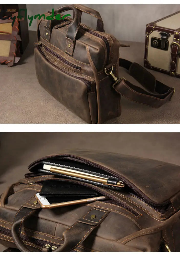 Cyflymder Vintage Leather Mens Briefcase With Pockets Cowhide Bag On Business Suitcase Crazy Horse