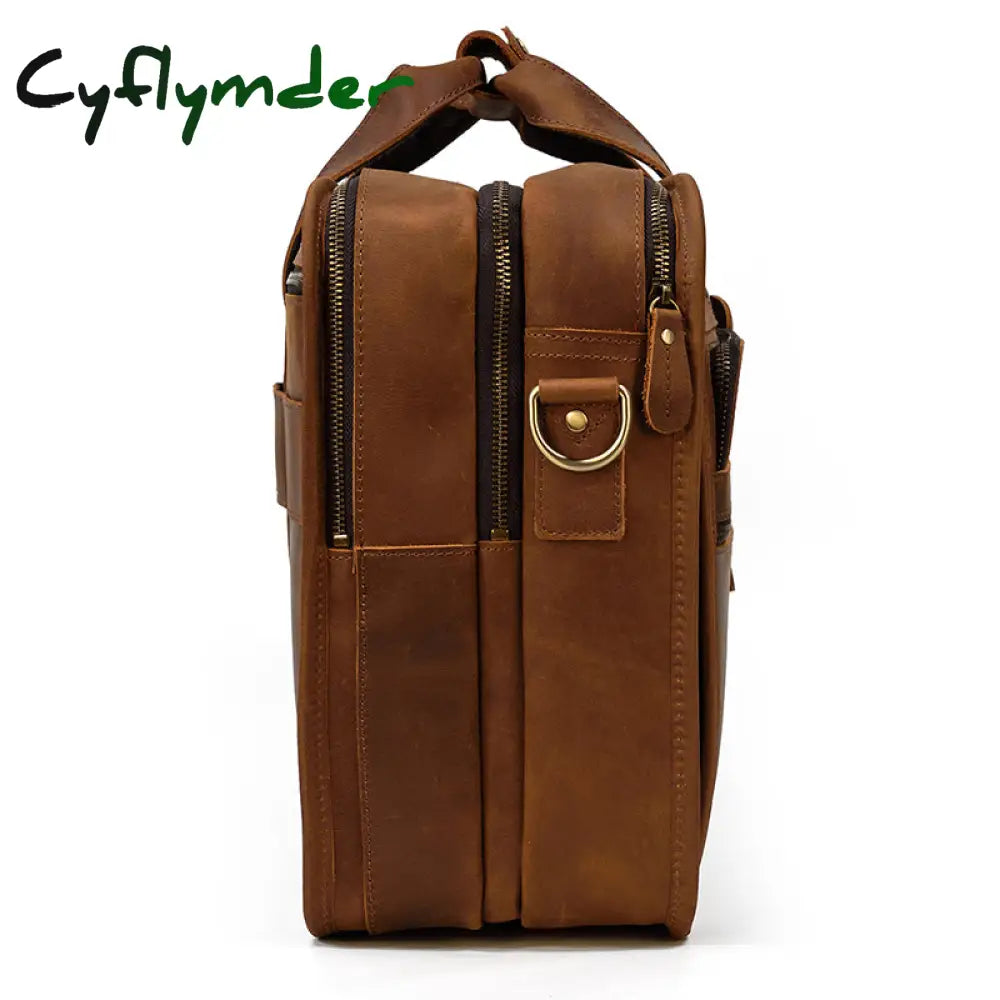 Cyflymder Vintage Leather Mens Briefcase With Pockets Cowhide Bag On Business Suitcase Crazy Horse