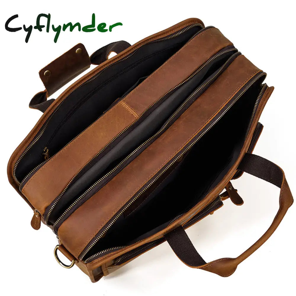 Cyflymder Vintage Leather Mens Briefcase With Pockets Cowhide Bag On Business Suitcase Crazy Horse