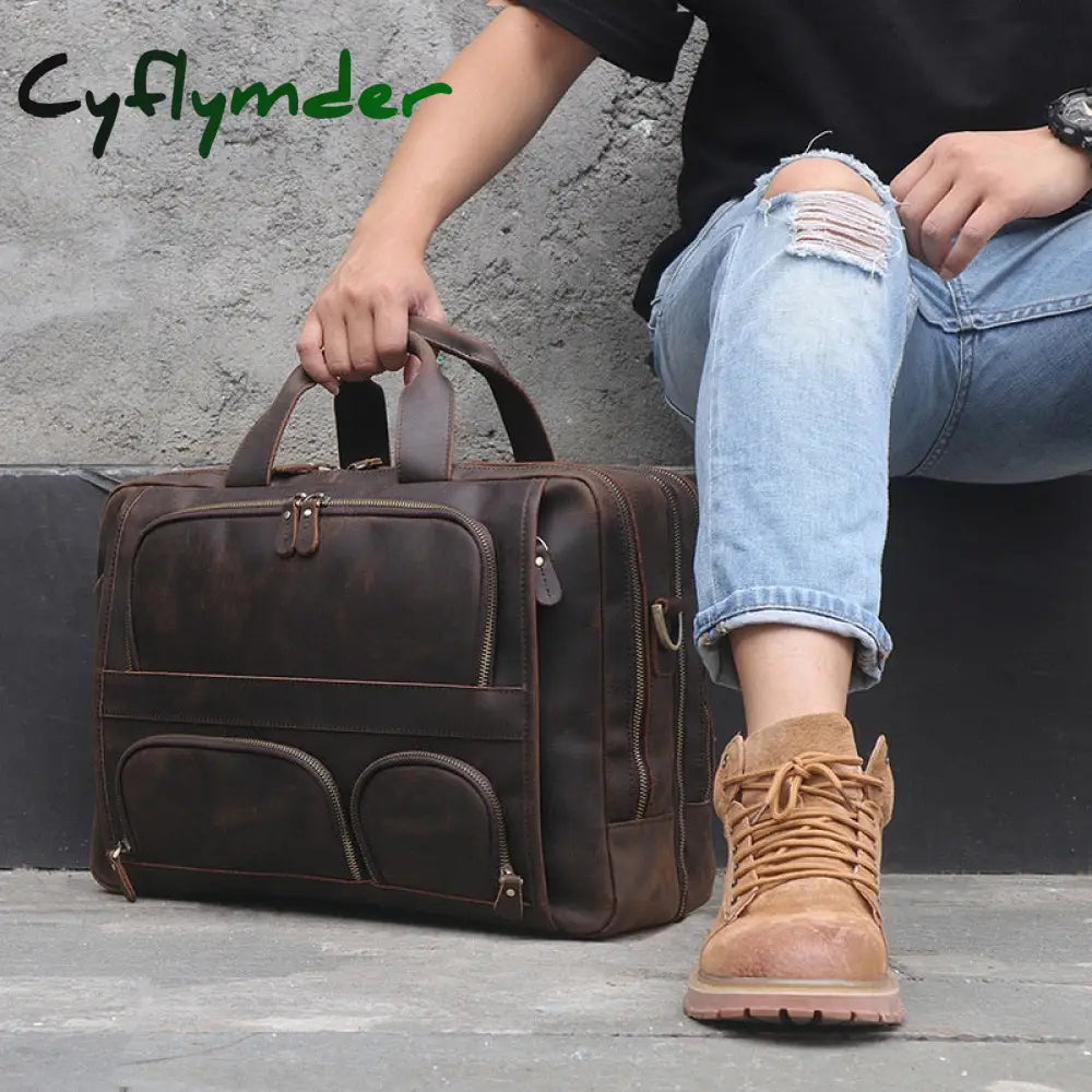 Cyflymder Vintage Leather Mens Briefcase With Pockets Cowhide Bag On Business Suitcase Crazy Horse