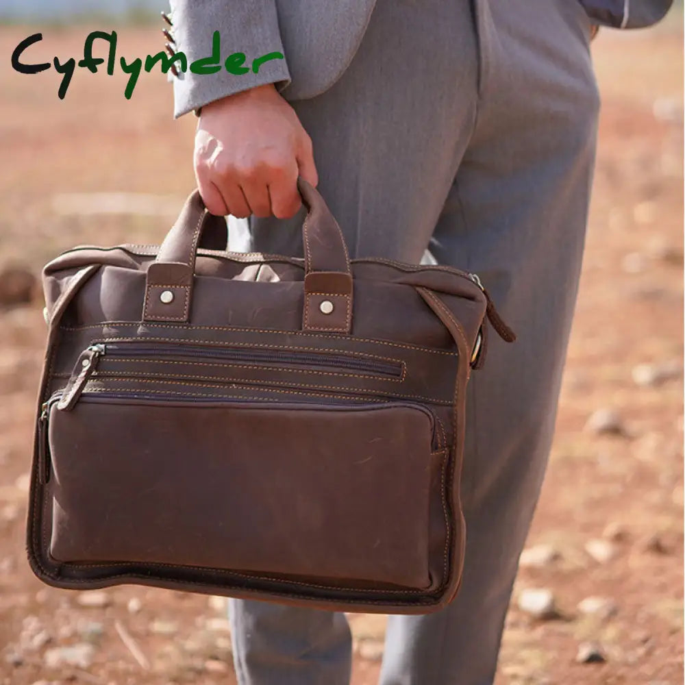 Cyflymder Vintage Leather Mens Briefcase With Pockets Cowhide Bag On Business Suitcase Crazy Horse