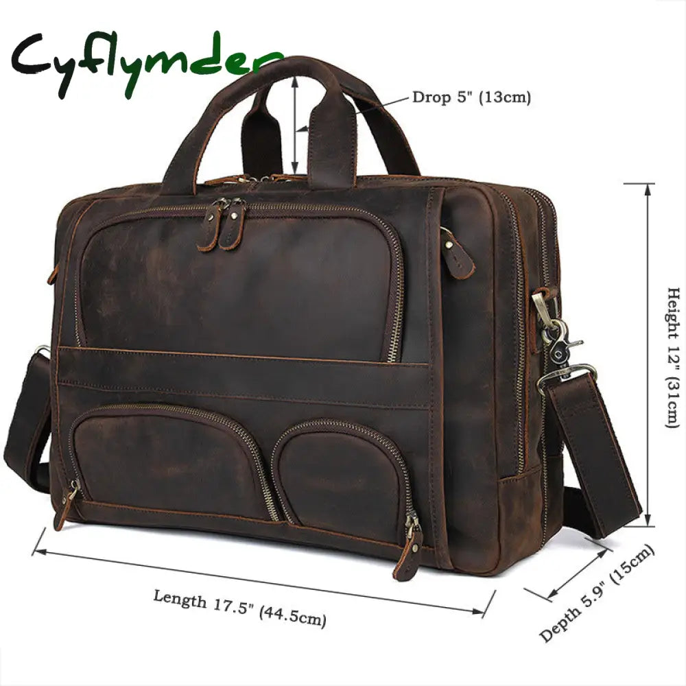 Cyflymder Vintage Leather Mens Briefcase With Pockets Cowhide Bag On Business Suitcase Crazy Horse