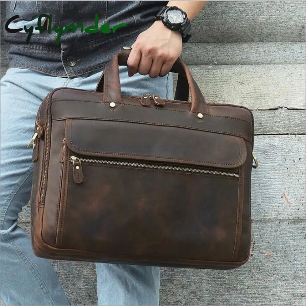 Cyflymder Vintage Leather Mens Briefcase With Pockets Cowhide Bag On Business Suitcase Crazy Horse