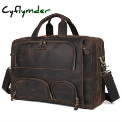 Cyflymder Vintage Leather Mens Briefcase With Pockets Cowhide Bag On Business Suitcase Crazy Horse