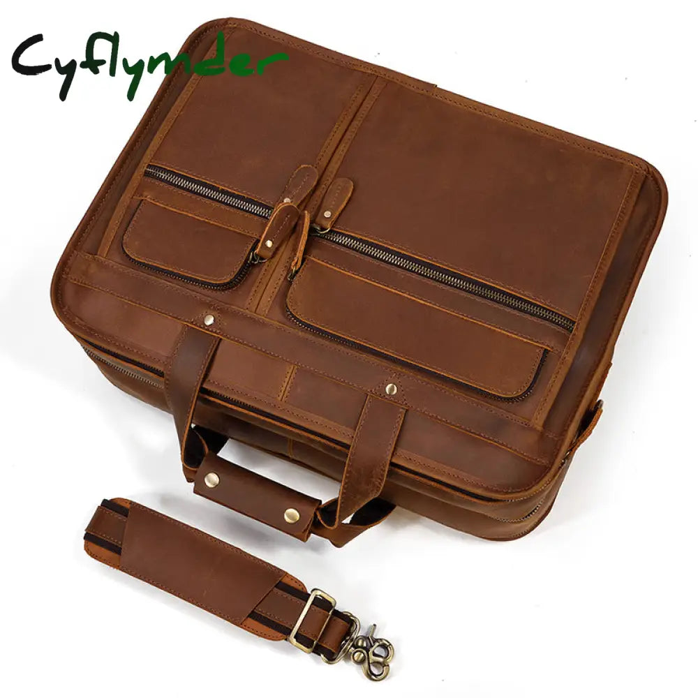 Cyflymder Vintage Leather Mens Briefcase With Pockets Cowhide Bag On Business Suitcase Crazy Horse