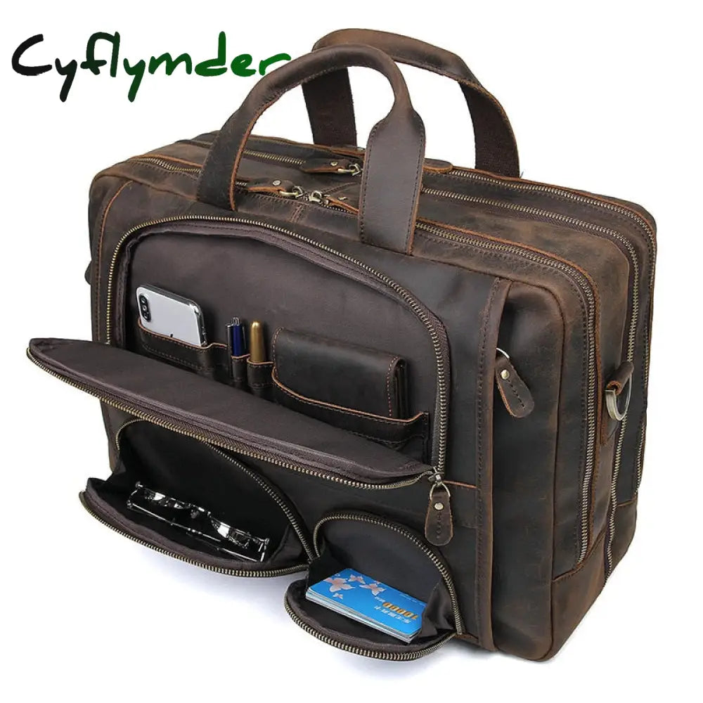 Cyflymder Vintage Leather Mens Briefcase With Pockets Cowhide Bag On Business Suitcase Crazy Horse