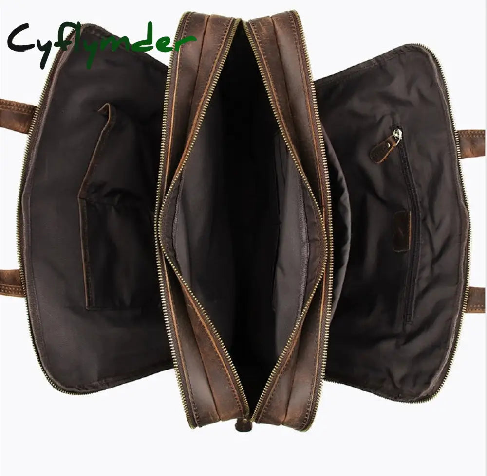 Cyflymder Vintage Leather Mens Briefcase With Pockets Cowhide Bag On Business Suitcase Crazy Horse