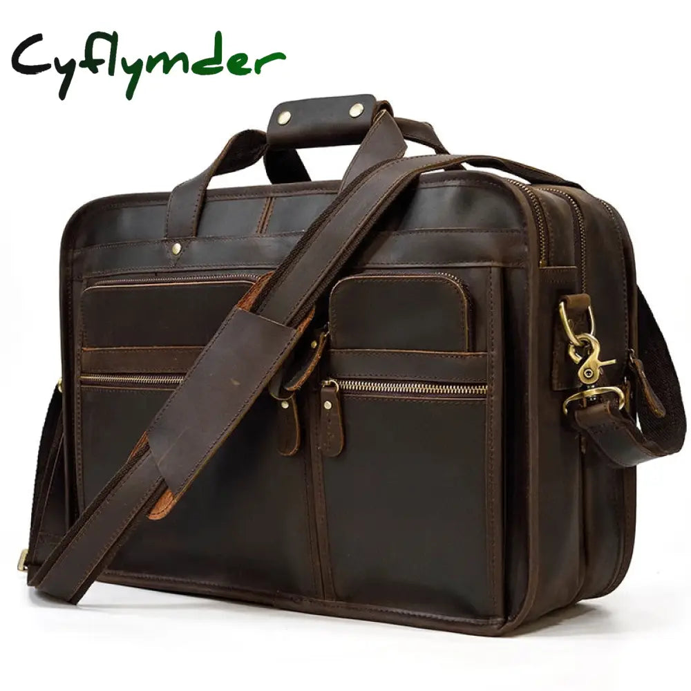 Cyflymder Vintage Leather Mens Briefcase With Pockets Cowhide Bag On Business Suitcase Crazy Horse