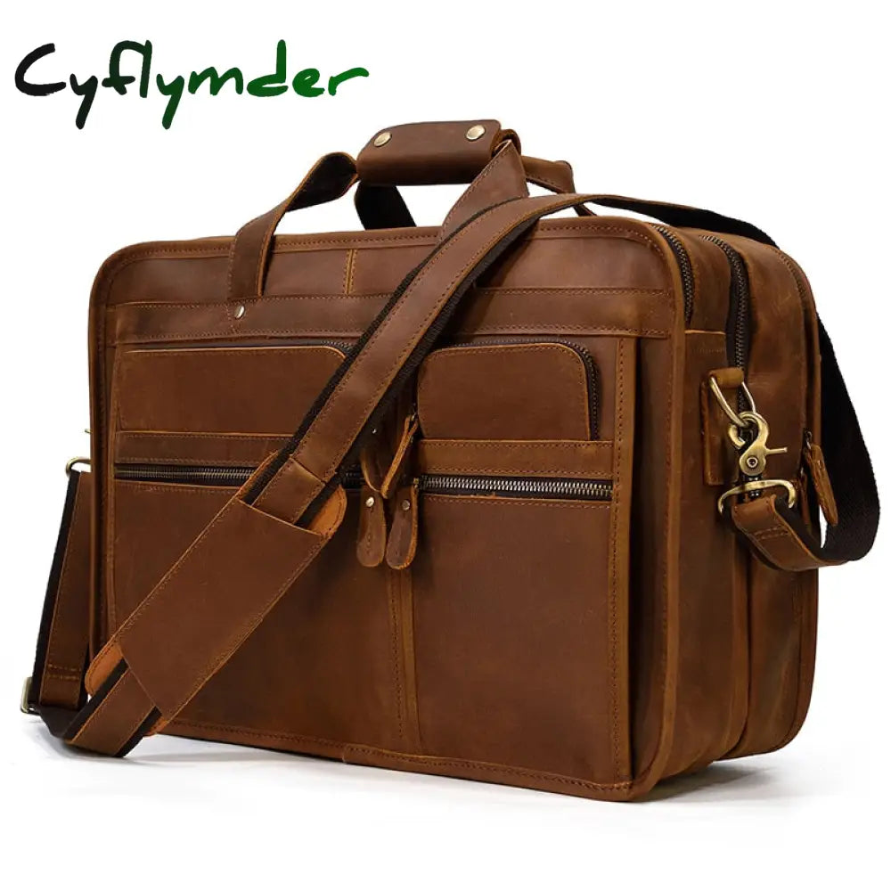 Cyflymder Vintage Leather Mens Briefcase With Pockets Cowhide Bag On Business Suitcase Crazy Horse