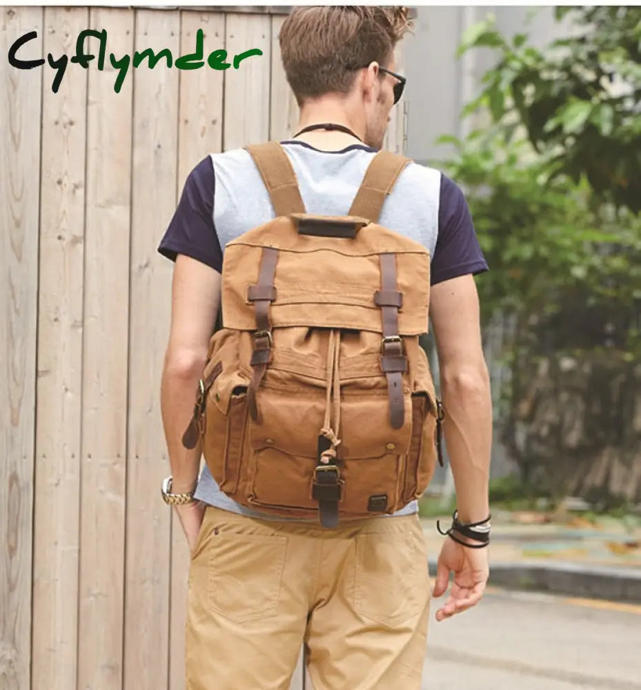 Cyflymder Vintage Leather Military Canvas Travel Backpacks Men &Women School Men Travel Bag Big