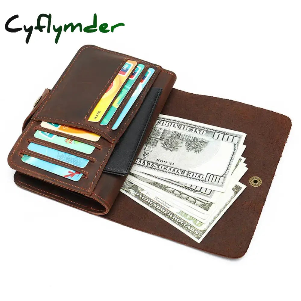 Cyflymder Vintage Long Wallet For Men Genuine Leather Women Credit Card Holder Short Purse Hasp