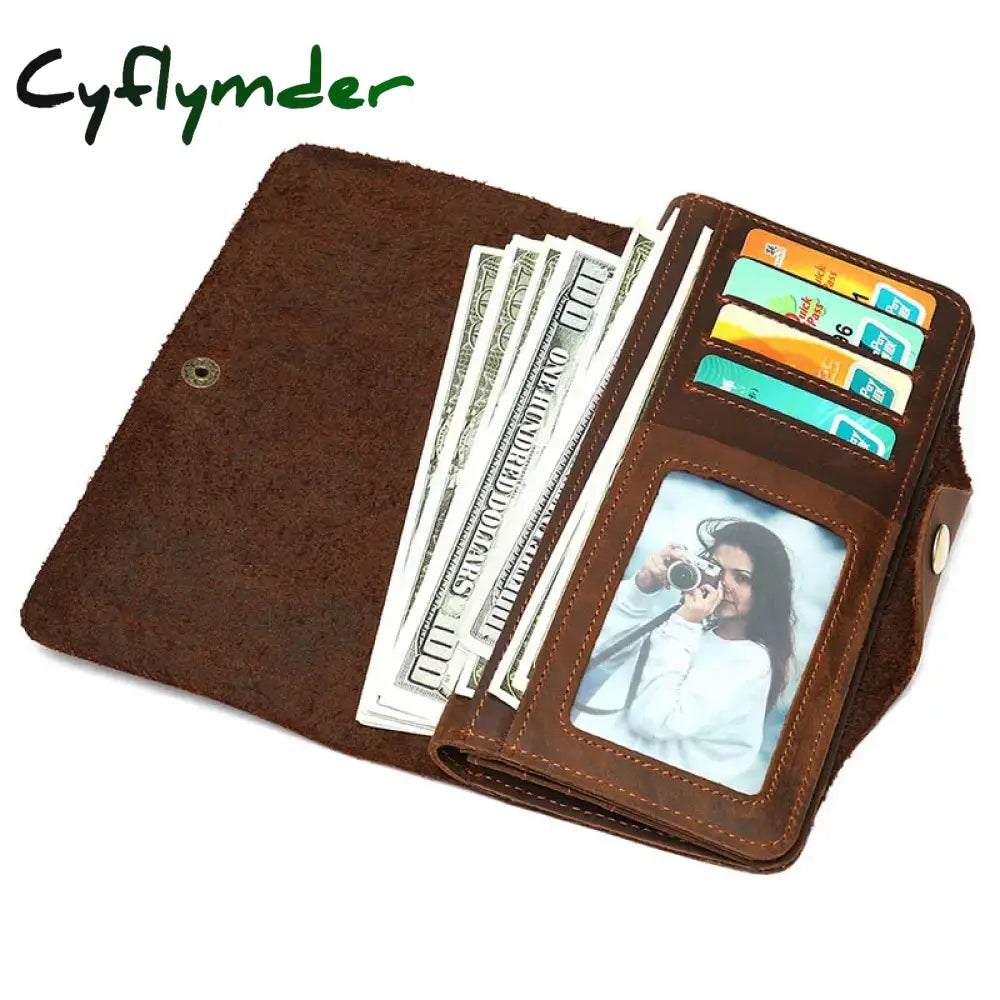 Cyflymder Vintage Long Wallet For Men Genuine Leather Women Credit Card Holder Short Purse Hasp