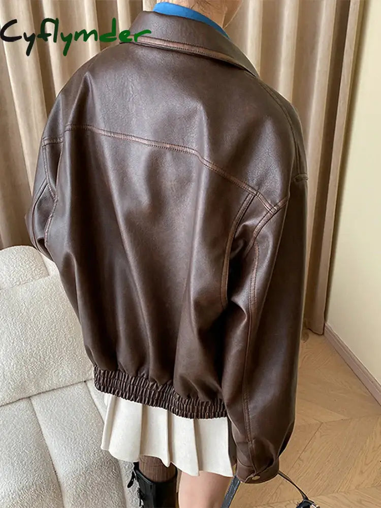 Cyflymder Vintage Maillard Leather Jacket Silhouette Craft PU Leather Motorcycle Jacket Top Women Loose Thickened Brown