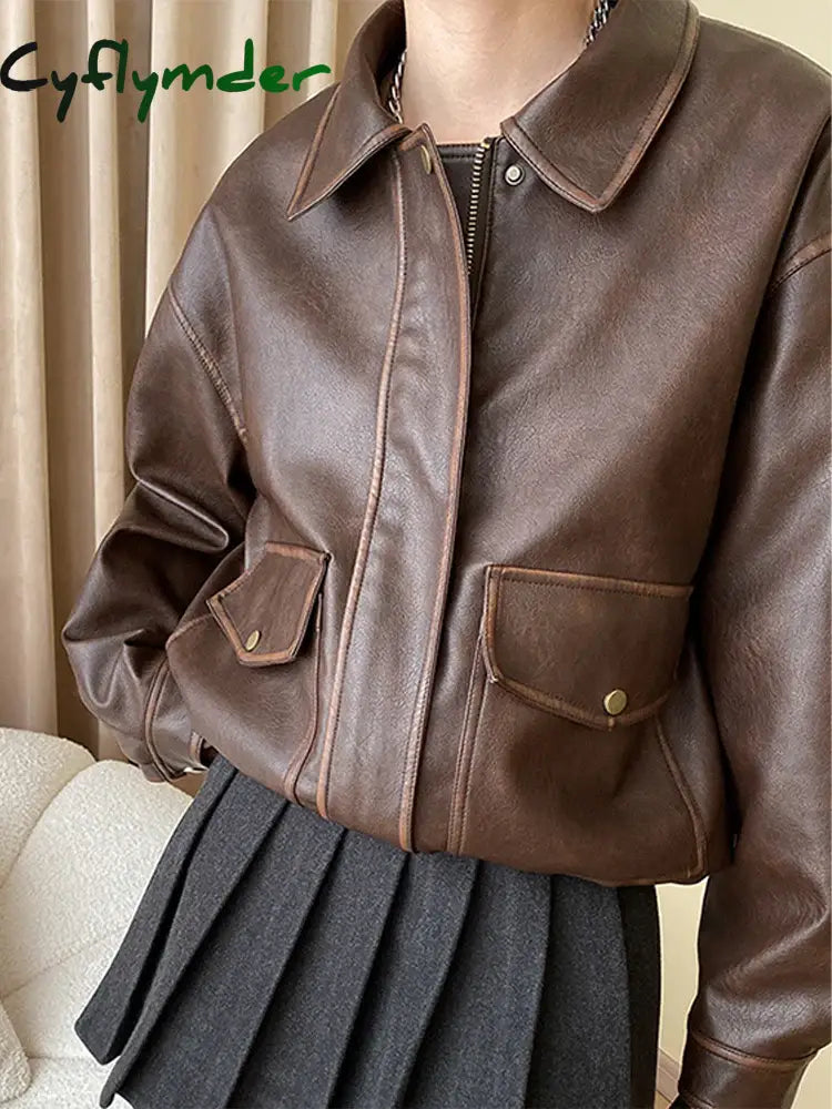 Cyflymder Vintage Maillard Leather Jacket Silhouette Craft PU Leather Motorcycle Jacket Top Women Loose Thickened Brown