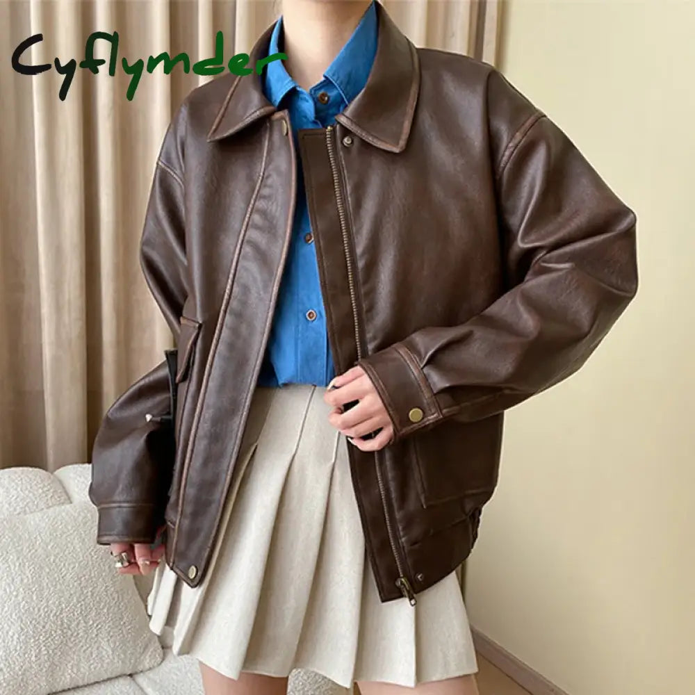 Cyflymder Vintage Maillard Leather Jacket Silhouette Craft PU Leather Motorcycle Jacket Top Women Loose Thickened Brown