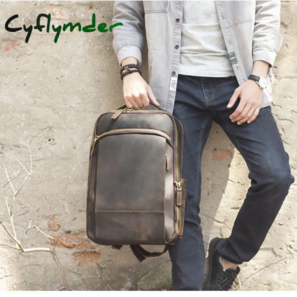 Cyflymder Vintage Men’s Crazy Horse Leather Backpack Genuine Leather Retro Rucksack Large Classic