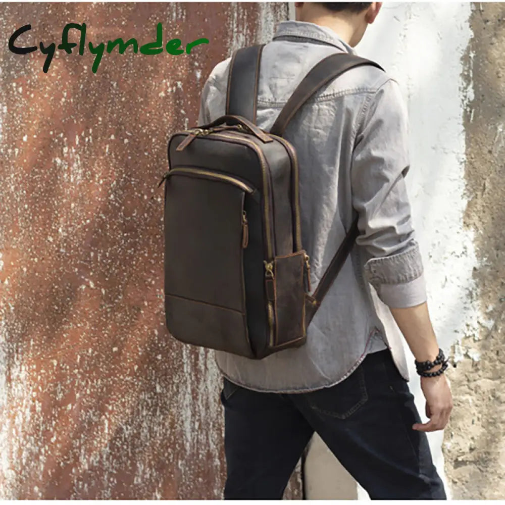 Cyflymder Vintage Men’s Crazy Horse Leather Backpack Genuine Leather Retro Rucksack Large Classic
