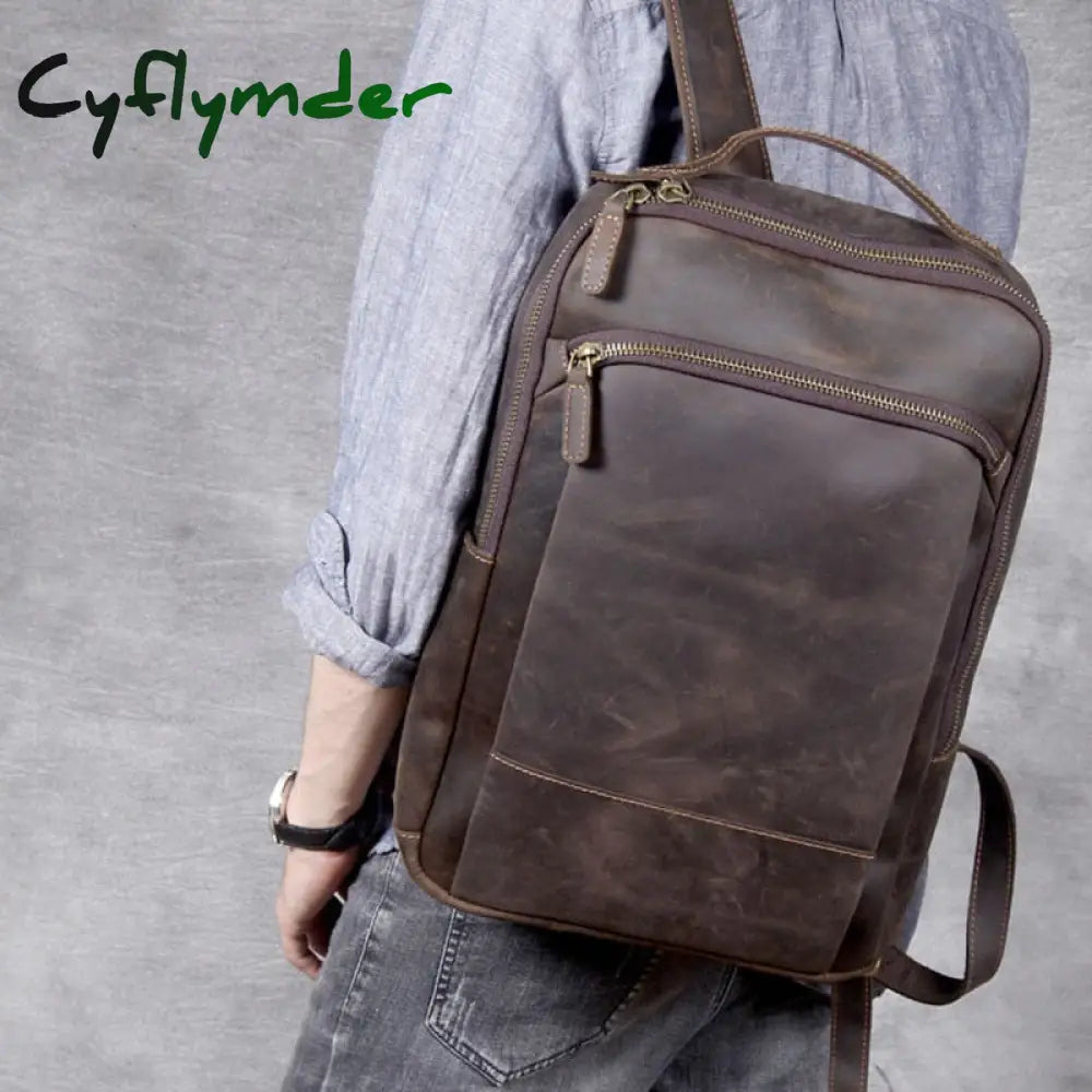 Cyflymder Vintage Men’s Crazy Horse Leather Backpack Genuine Leather Retro Rucksack Large Classic