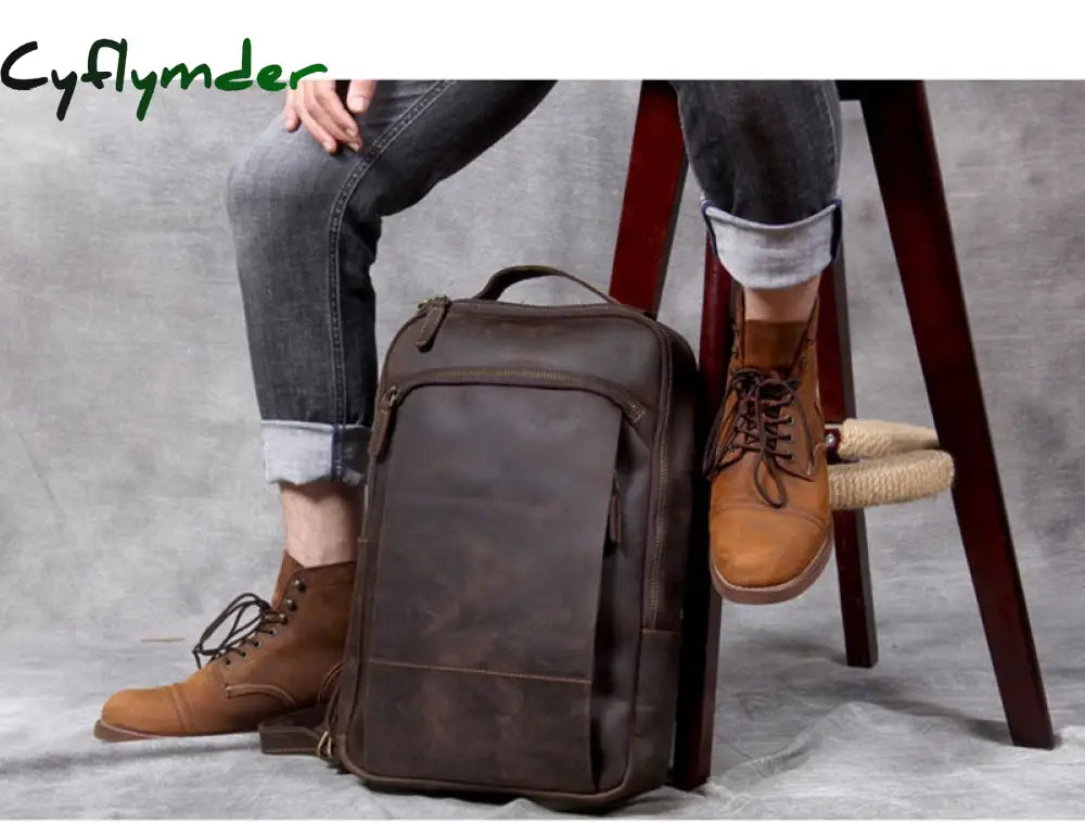 Cyflymder Vintage Men’s Crazy Horse Leather Backpack Genuine Leather Retro Rucksack Large Classic