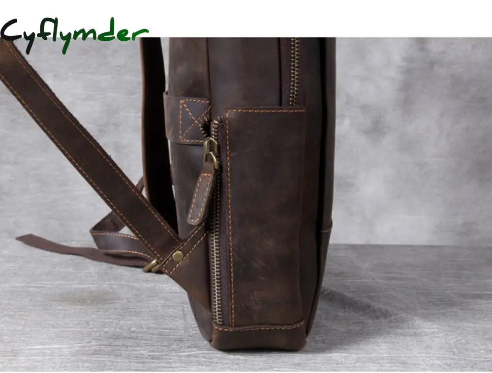 Cyflymder Vintage Men’s Crazy Horse Leather Backpack Genuine Leather Retro Rucksack Large Classic