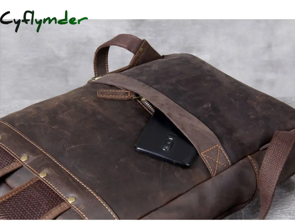 Cyflymder Vintage Men’s Crazy Horse Leather Backpack Genuine Leather Retro Rucksack Large Classic