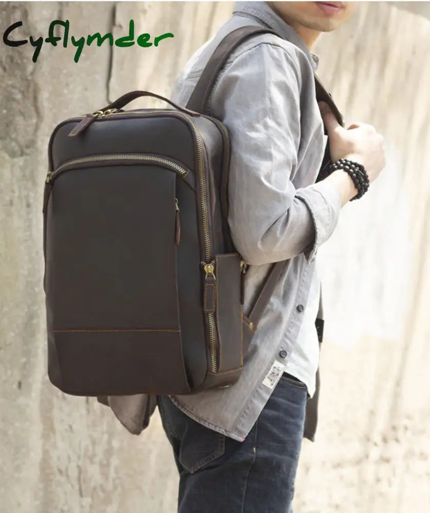 Cyflymder Vintage Men’s Crazy Horse Leather Backpack Genuine Leather Retro Rucksack Large Classic