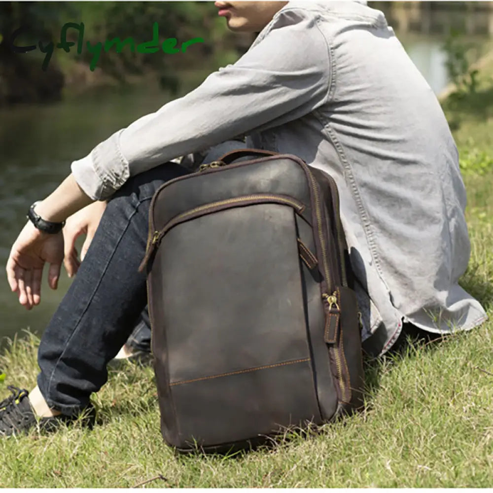 Cyflymder Vintage Men’s Crazy Horse Leather Backpack Genuine Leather Retro Rucksack Large Classic