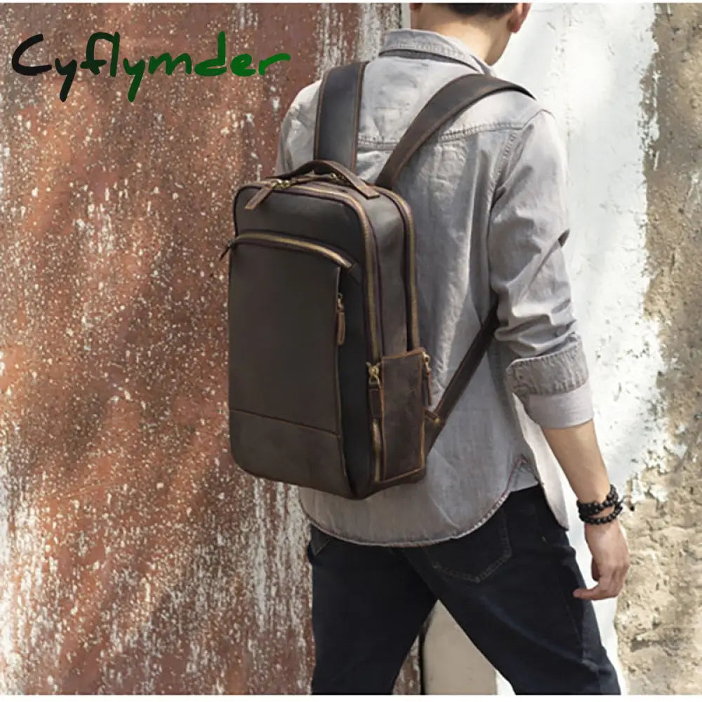 Cyflymder Vintage Men’s Crazy Horse Leather Backpack Genuine Leather Retro Rucksack Large Classic