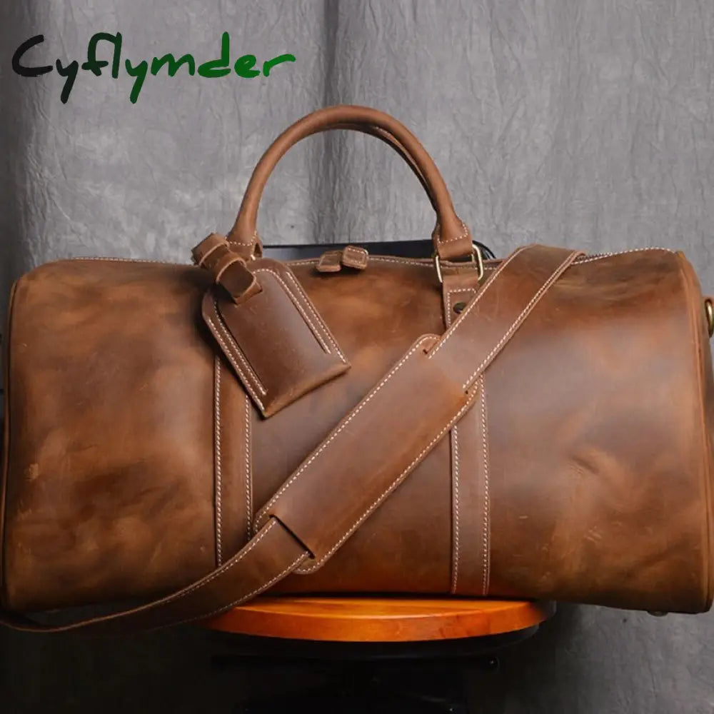 Cyflymder Vintage Men’s Hand Luggage Bag Travel Geunine Leather Large Capacity Single Shoulder