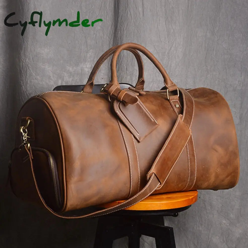 Cyflymder Vintage Men’s Hand Luggage Bag Travel Geunine Leather Large Capacity Single Shoulder