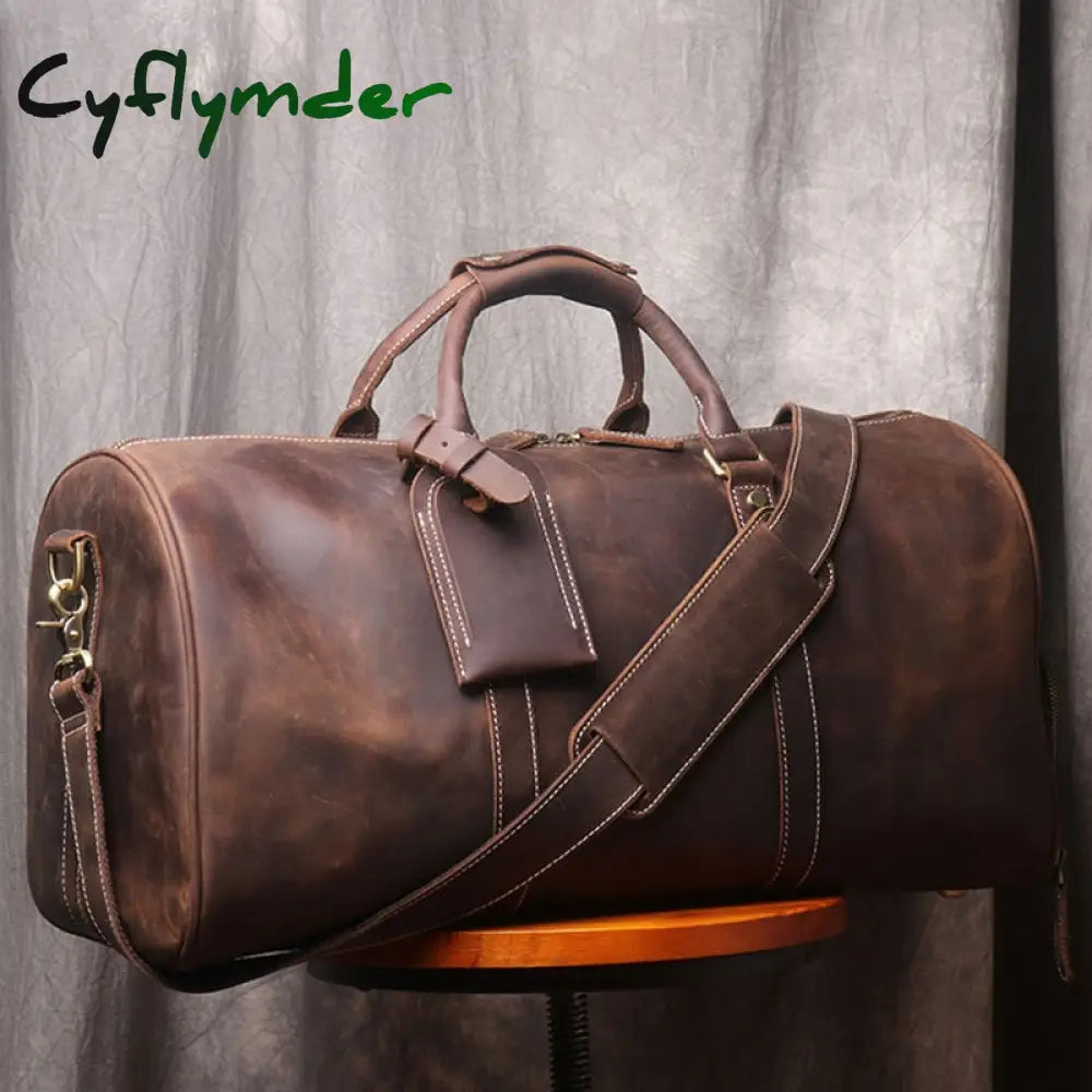 Cyflymder Vintage Men’s Hand Luggage Bag Travel Geunine Leather Large Capacity Single Shoulder