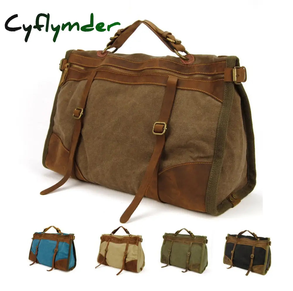 Cyflymder Vintage Retro Military Canvas + Leather Men Travel Bags Luggage Weekend Bag Overnight