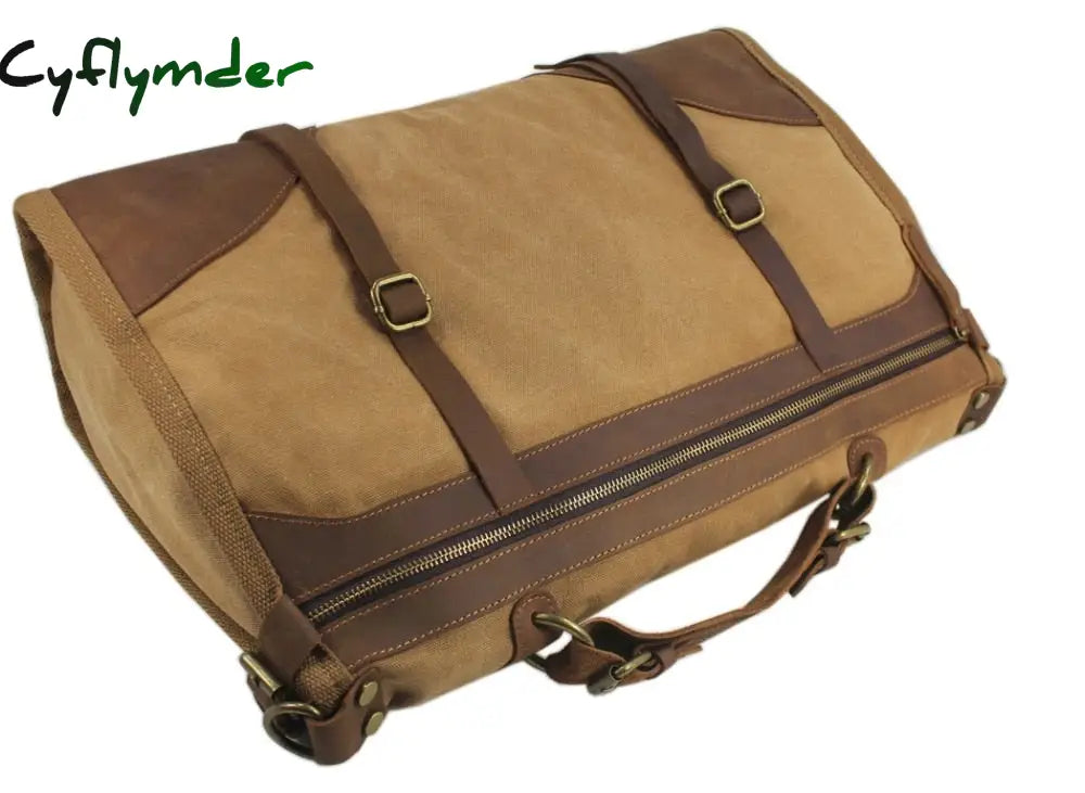 Cyflymder Vintage Retro Military Canvas + Leather Men Travel Bags Luggage Weekend Bag Overnight