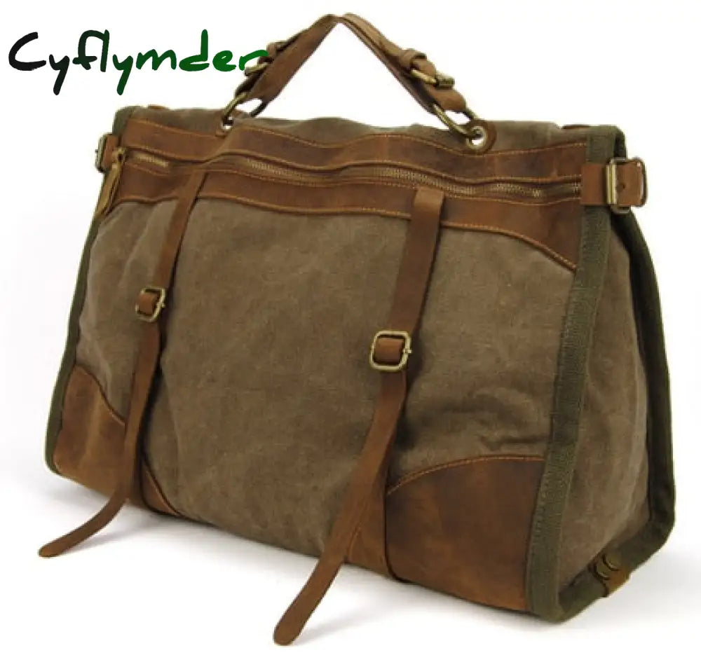 Cyflymder Vintage Retro Military Canvas + Leather Men Travel Bags Luggage Weekend Bag Overnight